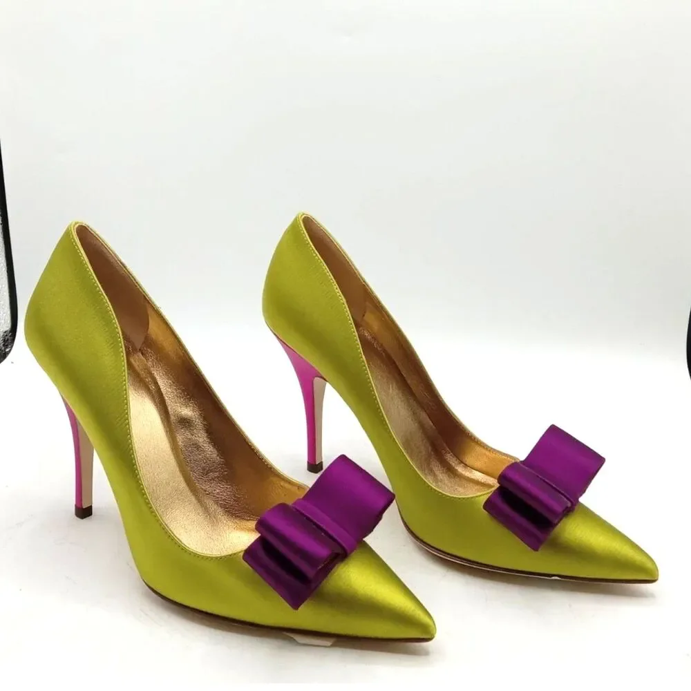 Kate Spade New York Latrice Colorblock Satin Bow Pumps  Green Purple Pink 6B